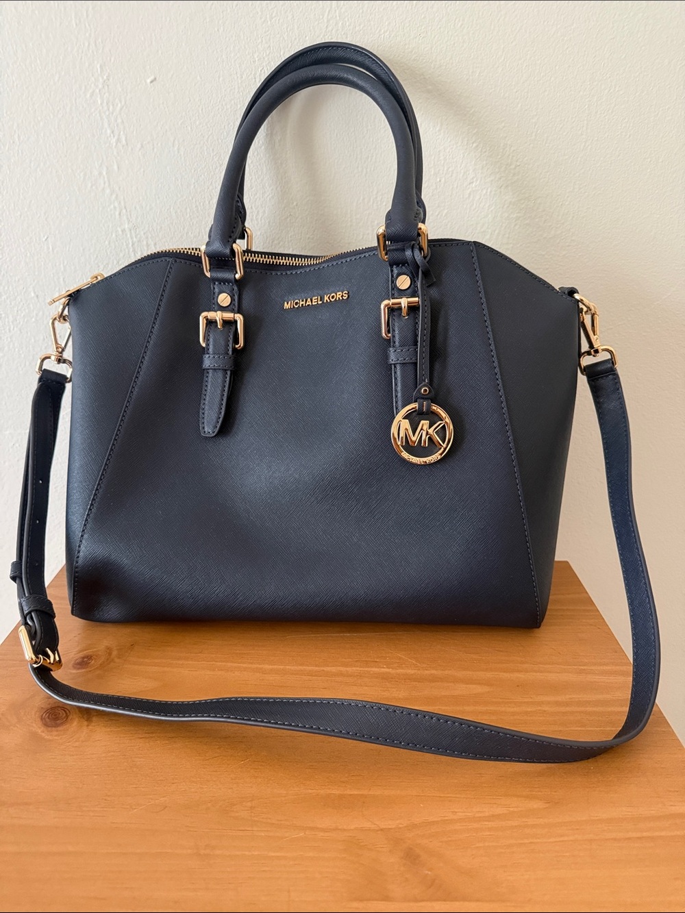 Michael Kors Navy Saffiano Leather Satchel with Gold Hardware